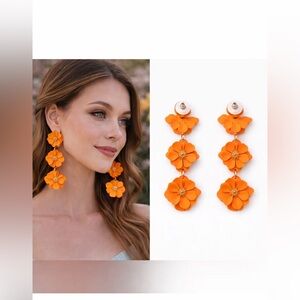 🍑 Peach Floral Drop Earrings 3” Drop Statement Boutique